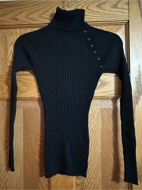 It's Our Time Black Ribbed Button-Accent Turtleneck Sweater
